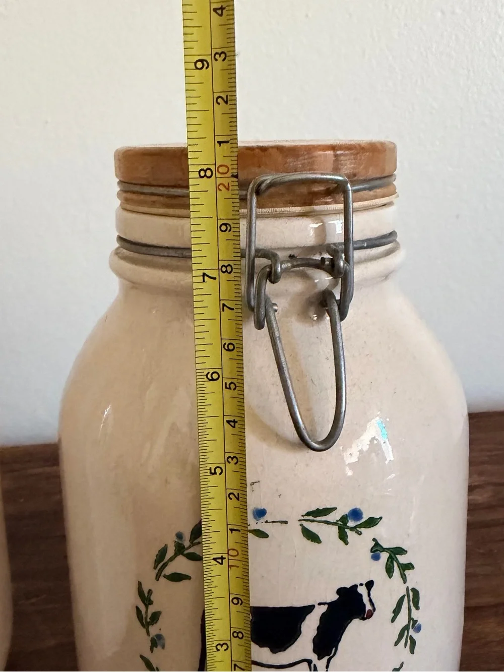 Vintage Cream Ceramic Cow Canisters with Wood Lids